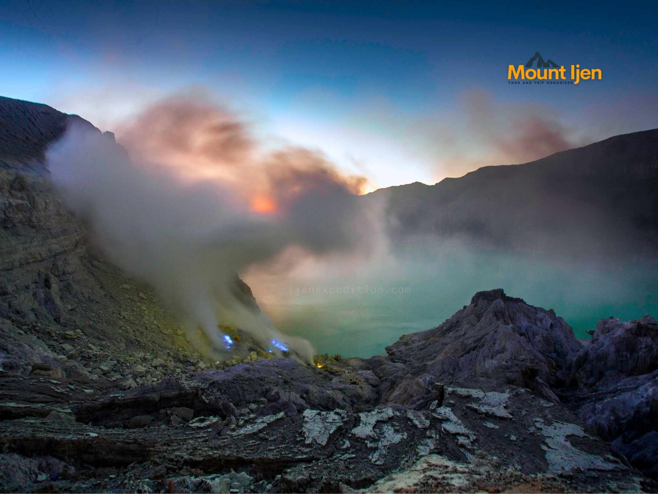 Mount Ijen Tour from Banyuwangi showing blue fire inside the crater at night