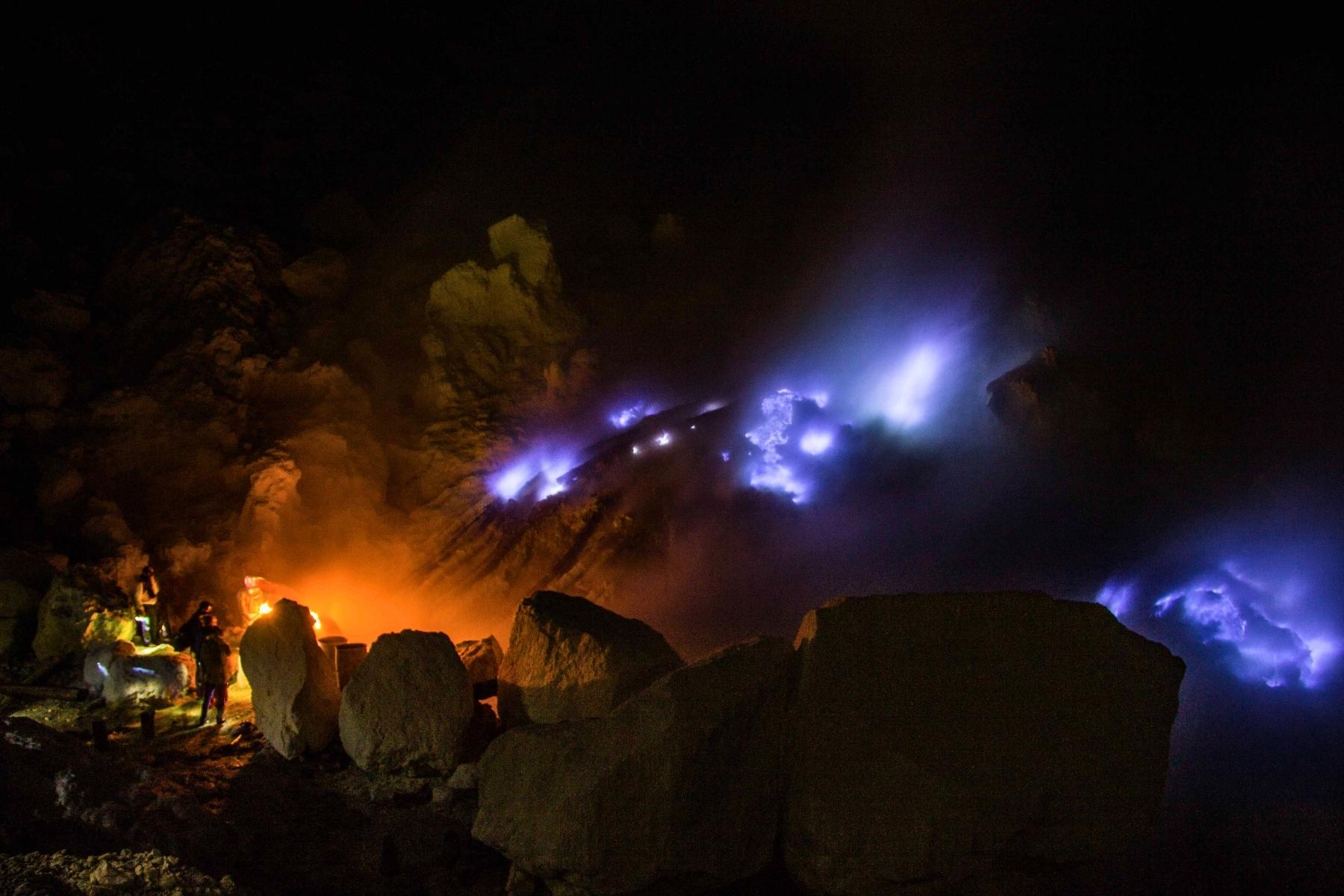 Blue Fire phenomenon inside Mount Ijen crater at night