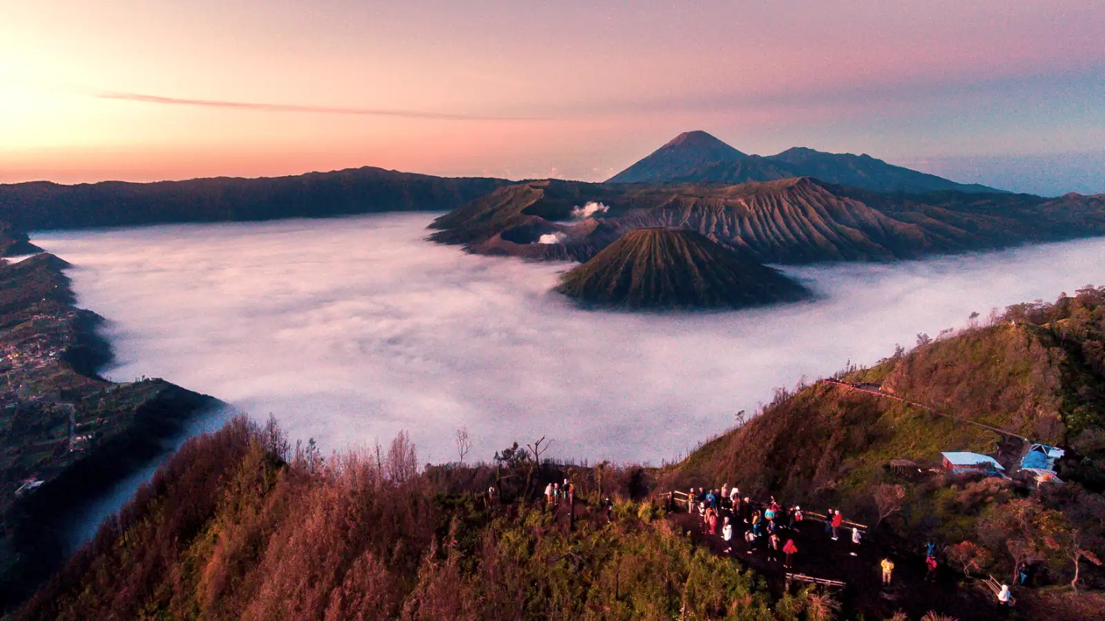 Breathtaking sunrise over Mount Bromo volcano landscape in East Java